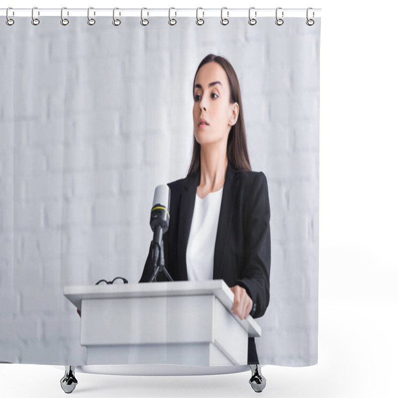 Personality  Pretty Young Lecturer Suffering From Fear Of Public Speaking While Standing On Podium Tribune Shower Curtains