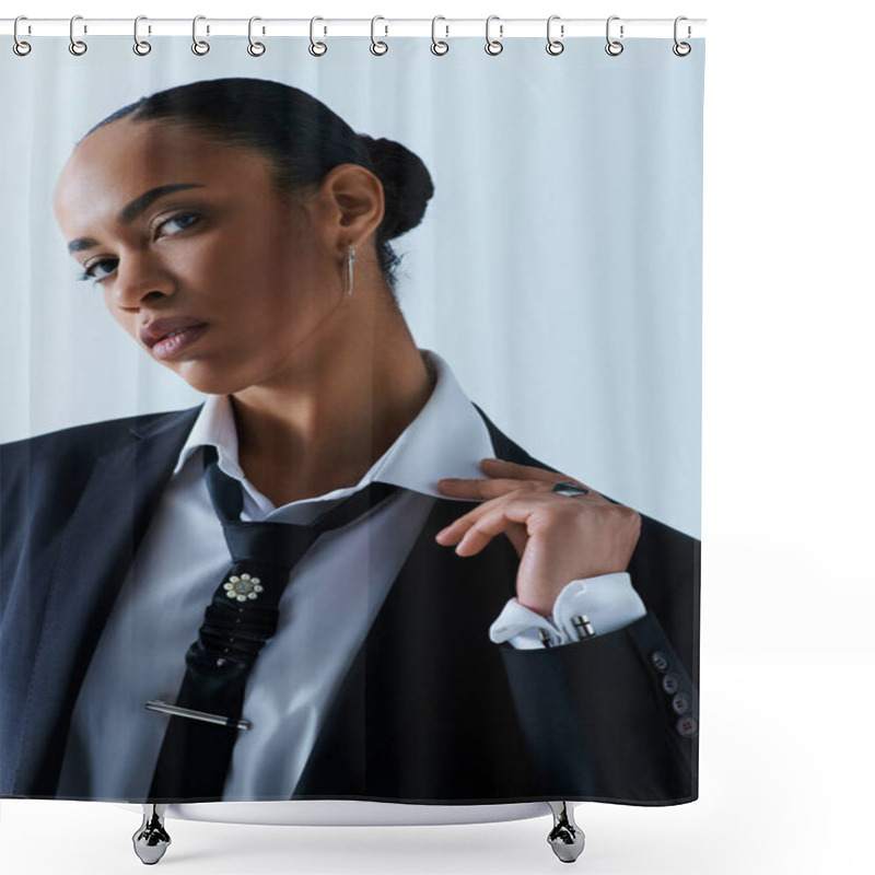 Personality  A Stylish Young African American Woman In Confidently Wears A Suit And Tie In A Studio Setting. Shower Curtains