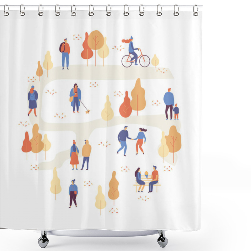 Personality  Autumn Park Landscape. Different People In Warm Clothes Having Fun Outdoors In Urban Park. Colorful Autumn Park Flat Vector Illustration. Autumn Park With People Illustration. Shower Curtains