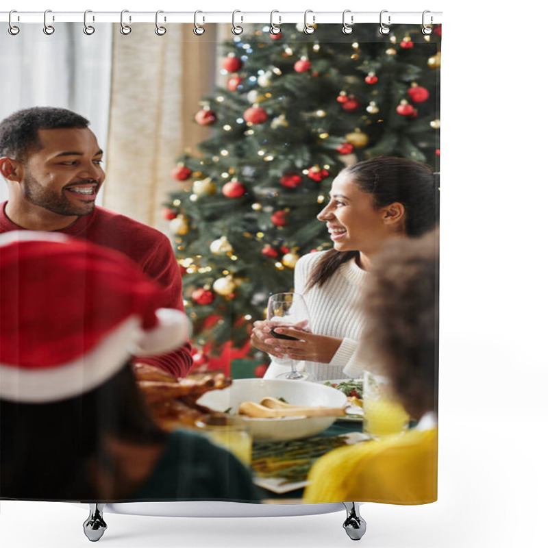 Personality  Friends Gather Around A Beautifully Set Table, Enjoying Christmas Dinner And Sharing Joyful Moments. Shower Curtains