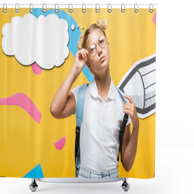 Personality  Thoughtful Schoolgirl Touching Eyeglasses Near Paper Cut Pencil, Abstract Elements And Thought Bubble Illustration On Yellow Shower Curtains