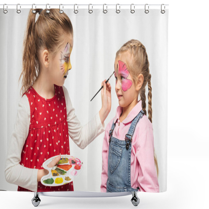 Personality  Cute Child With Cat Muzzle On Face Painting Butterfly Mask On Face Of Friend Isolated On White Shower Curtains