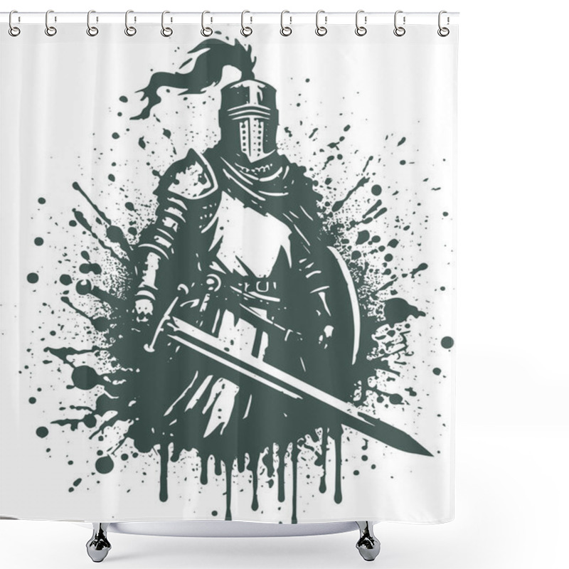 Personality  Medieval Knight With Sword And Shield Abstract Vector Stencil Drawing Shower Curtains