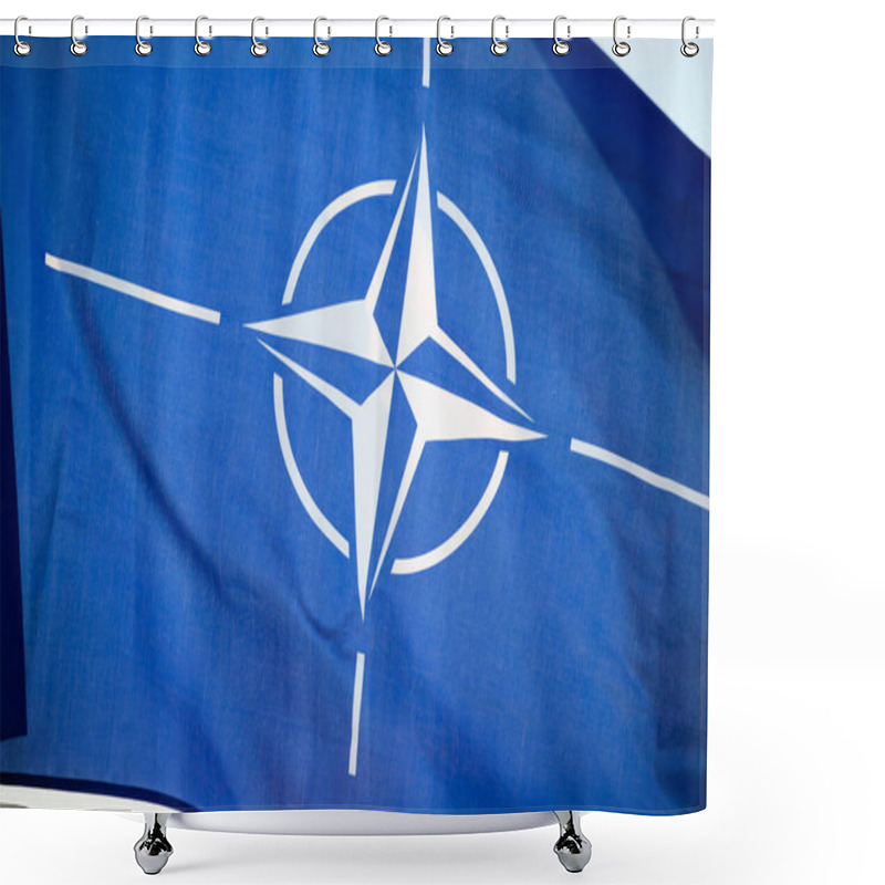 Personality  NATO (North Atlantic Treaty Organization) Flag Waving. NATO Is An International Military Alliance That Constitutes A System Of Collective Security Shower Curtains