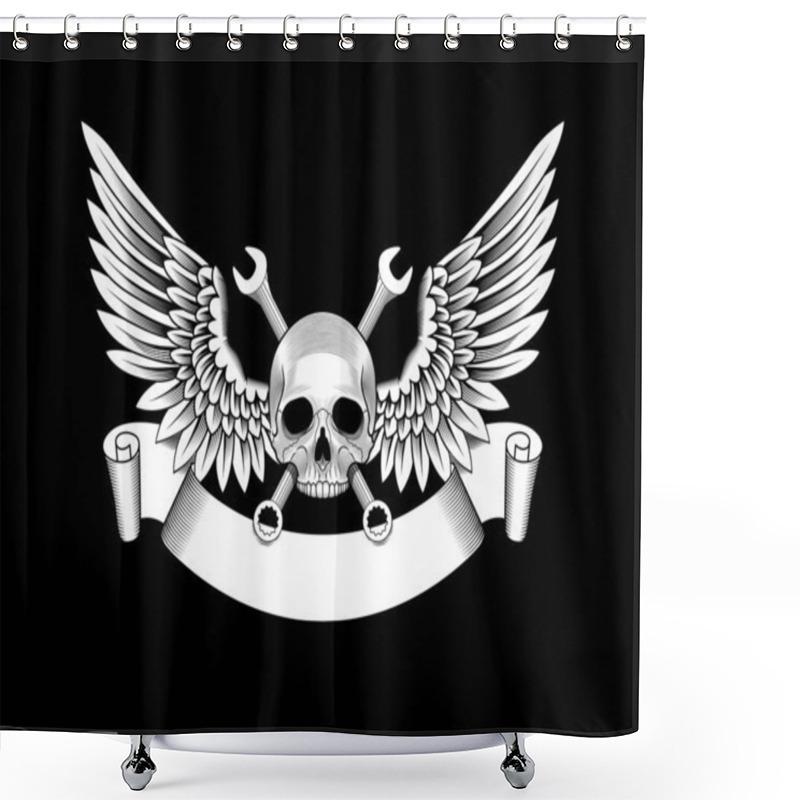 Personality  Skull With Wings, Wrenches And Ribbon. Auto Repair Shop Emblem. Stock Vector Illustration. Shower Curtains