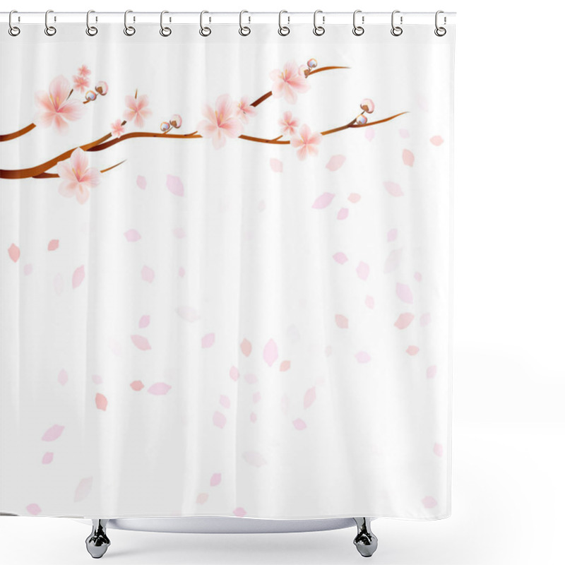 Personality  Branches Of Sakura With Pink Flowers And Flying Petals Isolated On White Background. Apple-tree Flowers. Cherry Blossom. Vector EPS 10 Cmyk Shower Curtains