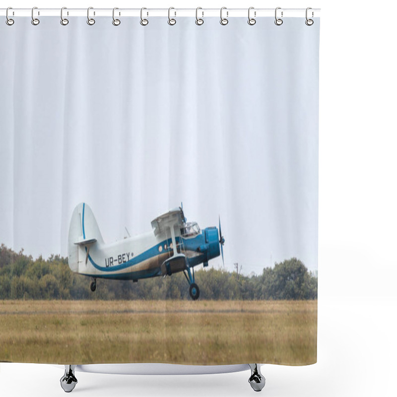 Personality  Antonov An-2 Biplane Passenger Aircraft Take-off On Airshow Field On Grey Sky Background Shower Curtains