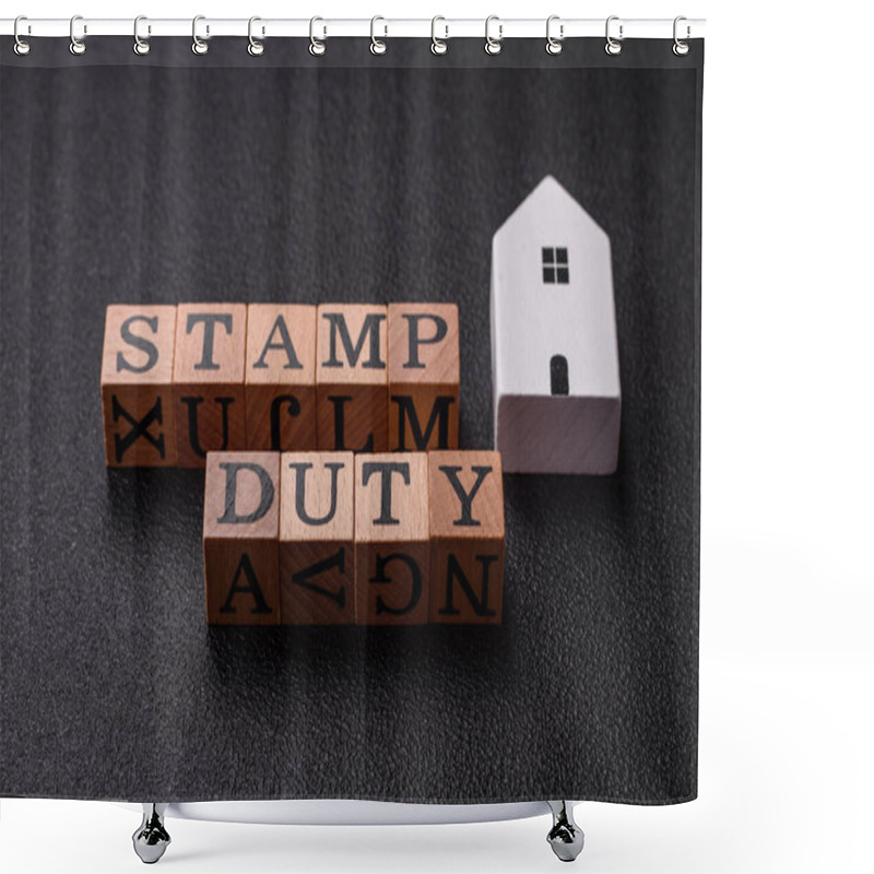 Personality  The Inscription Stamp Duty Made Of Wooden Cubes On A Plain Background. Can Be Used For Your Design Shower Curtains