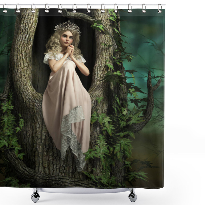 Personality  3D Computer Graphics Of A Girl, Sitting In A Knothole Of A Tree Shower Curtains