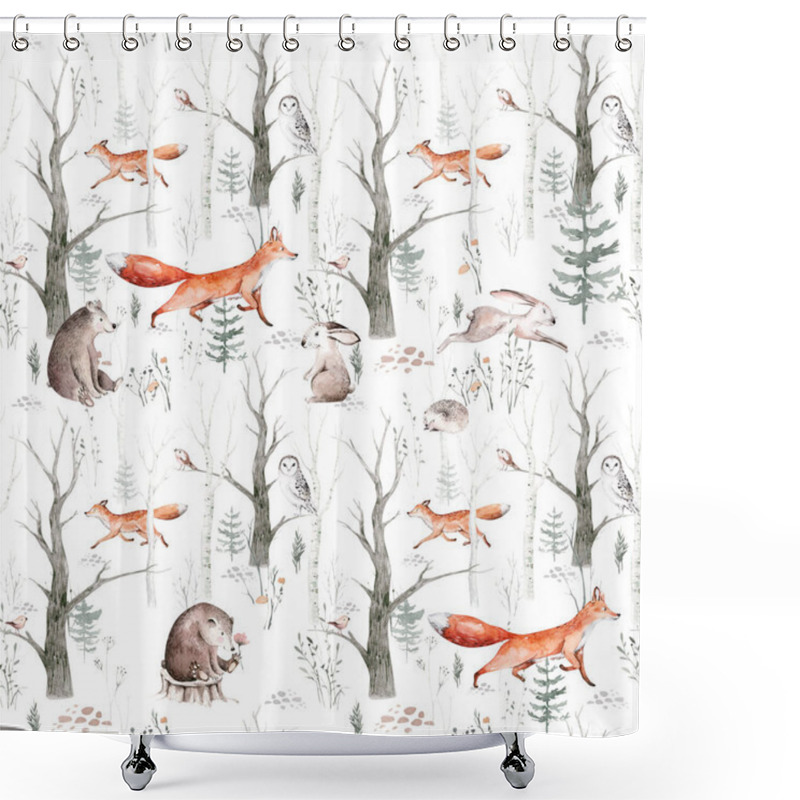 Personality  Watercolor Woodland Animals Seamless Pattern. Fabric Wallpaper Background With Owl, Hedgehog, Fox And Butterfly, Bunny Rabbit Set Of Forest Squirrel And Chipmunk, Bear And Bird Baby Animal, Scandinavian Nursery Shower Curtains