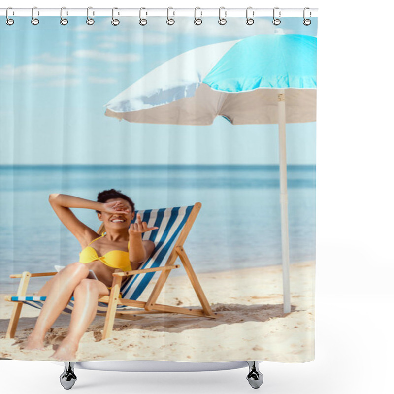 Personality  Young Woman Covering Eyes By Hand And Showing Middle Finger While Laying On Deck Chair Under Beach Umbrella In Front Of Sea  Shower Curtains