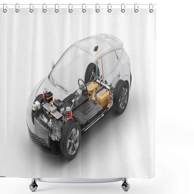 Personality  Electric Generic Car Technical Cutaway 3d Rendering With All Main Details Of EV System In Ghost Effect With Drawing. Perspective Bird Eye View On White Background. Shower Curtains