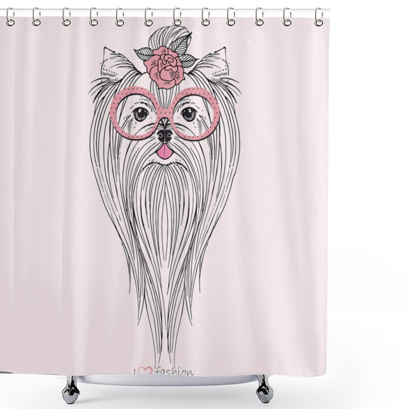 Personality  Hand Drawn Portrait Of Yorkshire Terrier Hipster Girl Shower Curtains