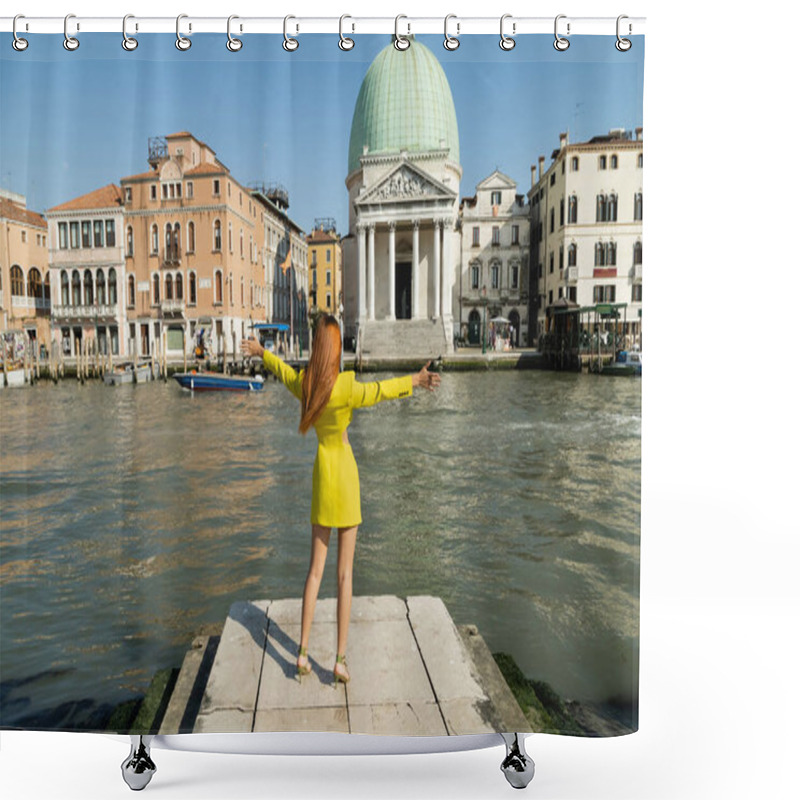 Personality  Back View Of Woman In Yellow Clothes Standing With Outstretched Hands On Pier Of Venetian Grand Canal Shower Curtains