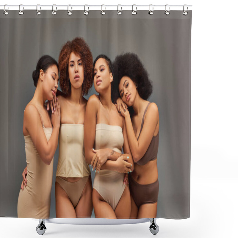 Personality  Four Attractive African American Women In Pastel Underwear Posing Together On Gray Backdrop, Fashion Shower Curtains