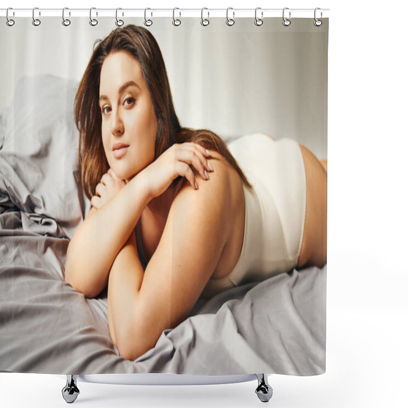 Personality  Brunette Woman With Plus Size Body And Natural Makeup Wearing Beige Bodysuit And Lying On Bed With Crossed Arms While Looking At Camera, Figure Type, Body Diversity  Shower Curtains