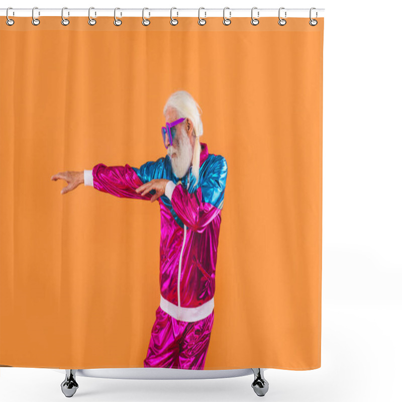 Personality  Senior Man With Eccentric Look  - 60 Years Old Man Having Fun, Portrait On Colored Background, Concepts About Youthful Senior People And Lifestyle Shower Curtains