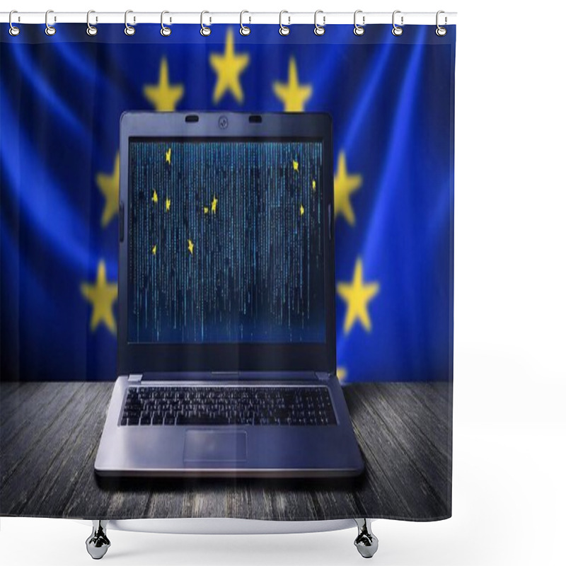 Personality  A Laptop Displaying Code Sits On A Case Against A Backdrop Of The European Union Flag. Shower Curtains