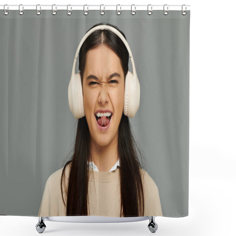 Personality  A Young Woman, Stylishly Dressed, Joyfully Makes A Playful Face While Listening To Music. Shower Curtains