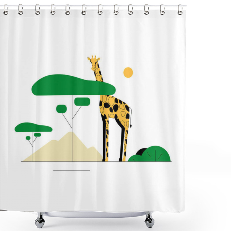 Personality  A Giraffe Standing Near Green Trees With A Mountain And Sun In The Background, Symbolizing Wildlife, Nature, And African Landscapes In Flat Vector Style. Shower Curtains