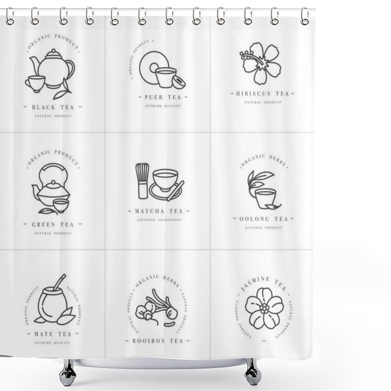 Personality  Vector Set Design Monochrome Templates Logo And Emblems - Organic Herbs And Teas . Different Teas Icon. Logos In Trendy Linear Style Isolated On White Background. Shower Curtains