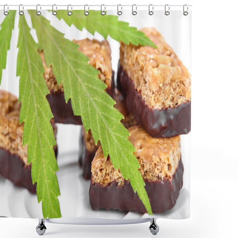 Personality  Candy With The Addition Of Medical Cannabis CBD For Recreational Use To Relax Body And Mind. Sweet Cannabis Candy CBD Cannabidiol Next To Green Leaves Of Marijuana On White Isolated Background Shower Curtains