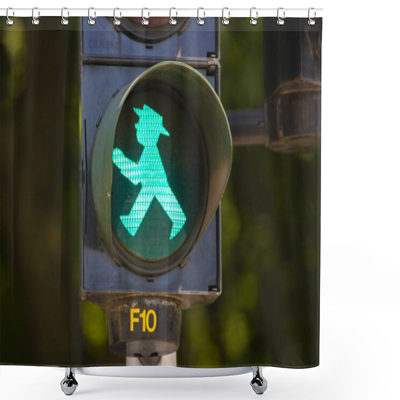 Personality  BERLIN, GERMANY - JUNE 11, 2913: Detail Of Pedestrian Traffic Light Showing Emblematic Berlin Green Man In Berlin, Germany Shower Curtains