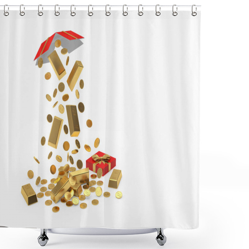 Personality  Open Gift Box With Falling Gold Bars And Coins Isolated On White Background. 3d Illustration Shower Curtains