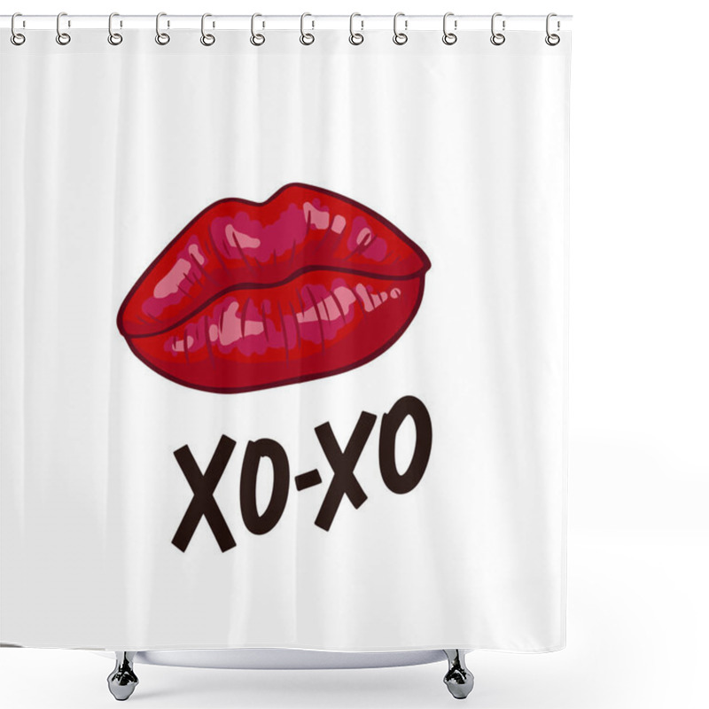 Personality  Lips Kiss And Hand Drawn Text Xoxo. Romantic Background With Red Lip Shape. Poster Design Template. Vector Illustration. Isolated On White Shower Curtains