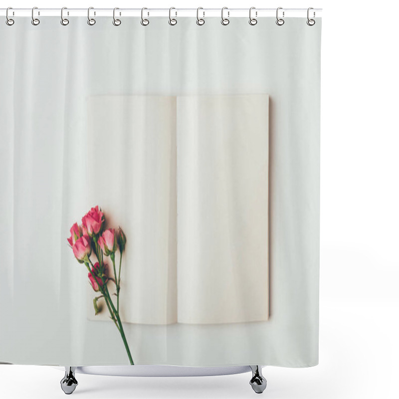 Personality  Top View Of Beautiful Tender Pink Roses On Twig And Blank Card Isolated On Grey Shower Curtains