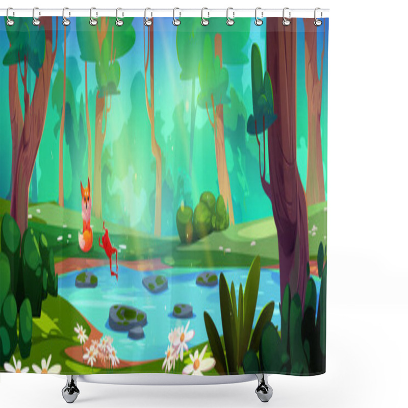 Personality  Jungle Forest With River Water Nature Background. Rainforest Lake Vector Scene With Green Grass And Tropical Animal. Sunny Ecosystem Environment With Frog And Fox. Panoramic Wild Flora Fantasy Game Shower Curtains