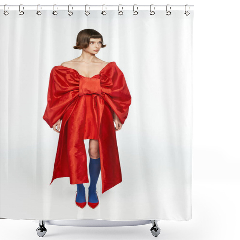 Personality  A Fashionable Young Woman Poses Elegantly In A Vivid Red Dress With A Large Bow. Shower Curtains