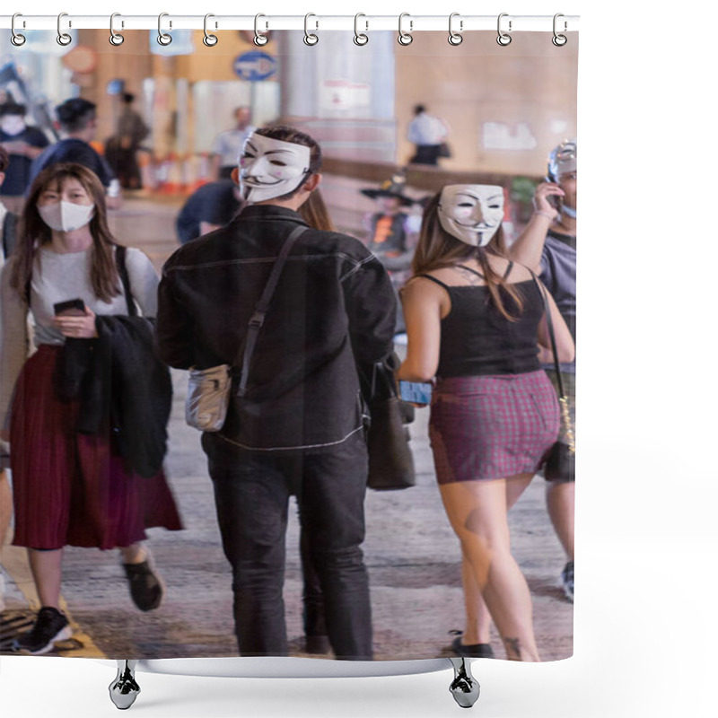 Personality  HONG KONG, HONG KONG - OCTOBER 31, 2019: Riots And Protest In The Night Of Halloween In Central Hong Kong Shower Curtains