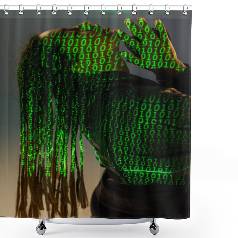 Personality  Side View Of African American Woman With Projection Of Binary Code On Grey Background  Shower Curtains