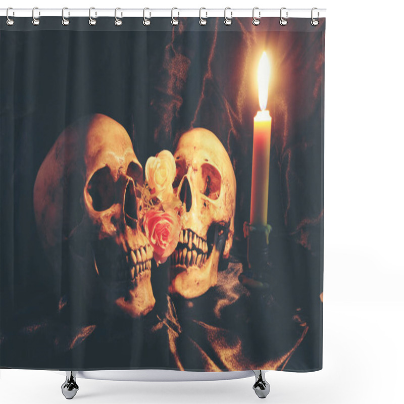 Personality  Lover Of Human Skulls And Rose Flower With Light Candle In Dim Valentines On Black Fabric With Texture In Night Time / Still Life Image Shower Curtains