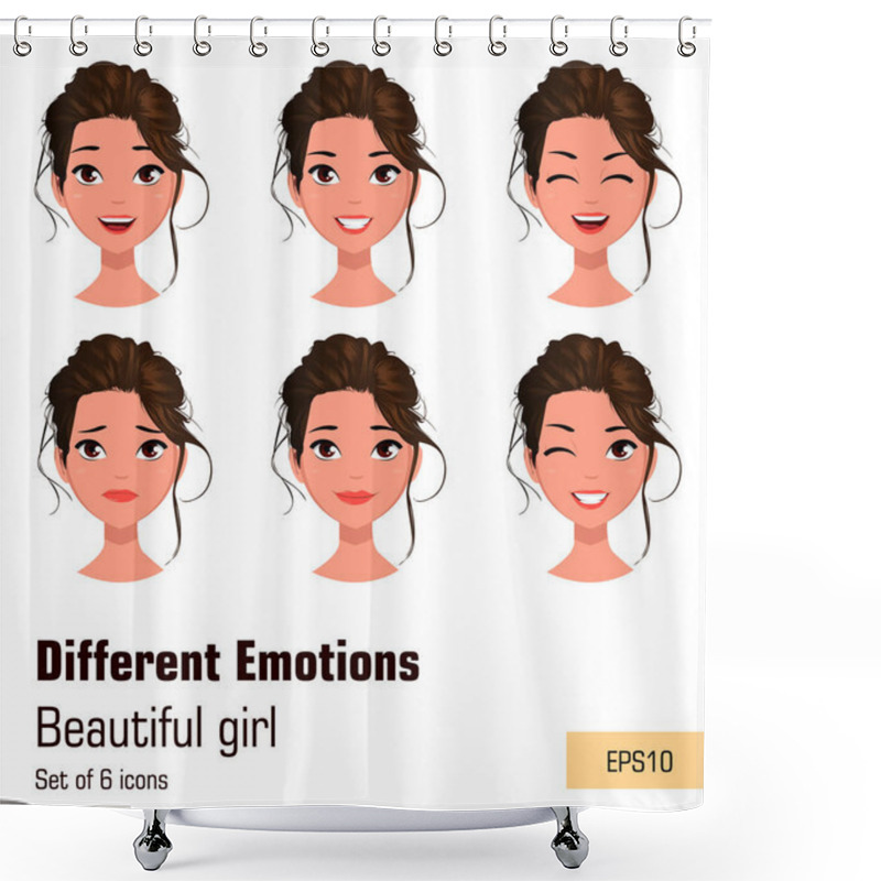 Personality  Woman With Different Face Expressions. Young Attractive Girl With Various Emotions. Cute Businesswoman. Set Of Six Vector Illustrations. Shower Curtains