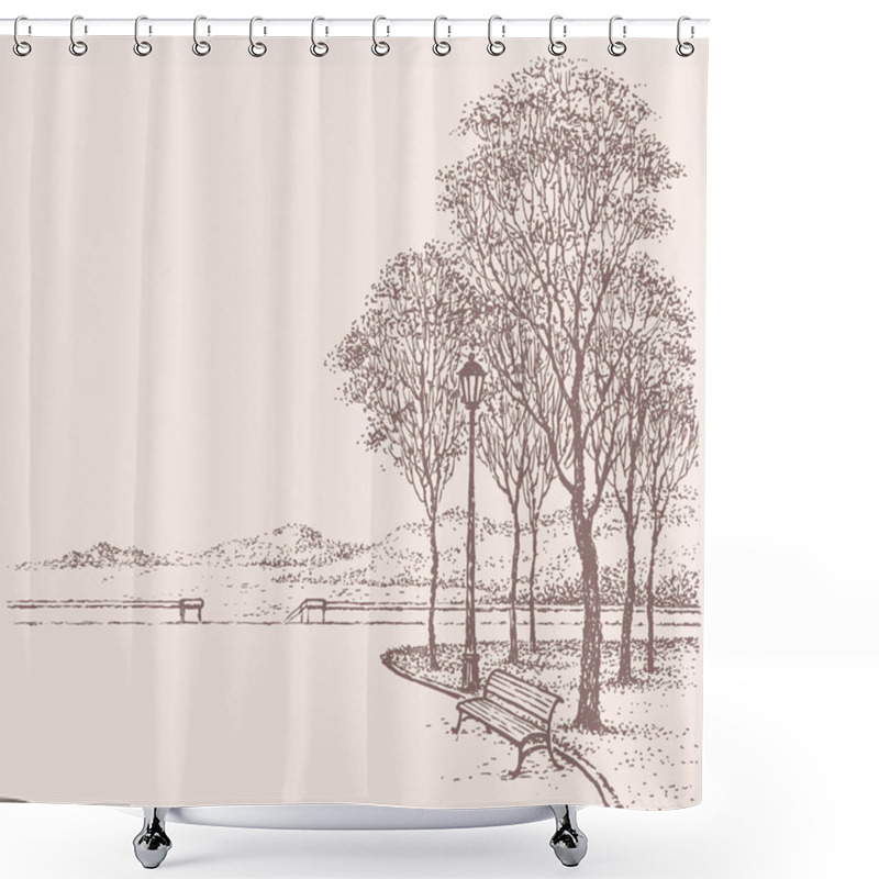 Personality  Vector Park Landscape. Bench Near The Lantern Under Trees Shower Curtains