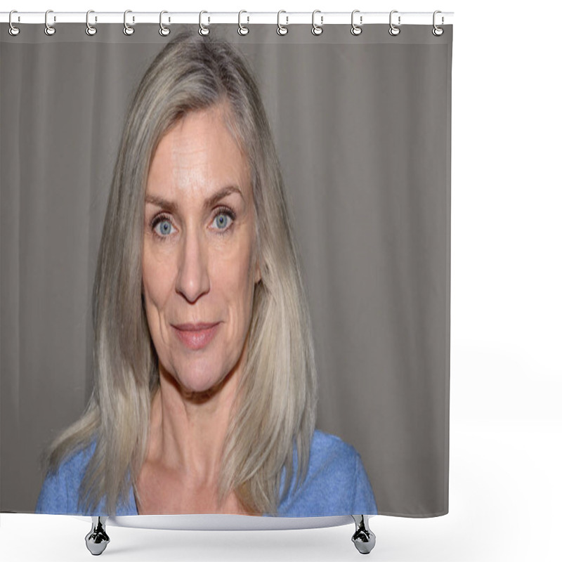 Personality  Attractive Blue-eyed Blond Middle-aged Woman With A Sweet Smile And Shoulder Length Hair Looking At Camera Shower Curtains