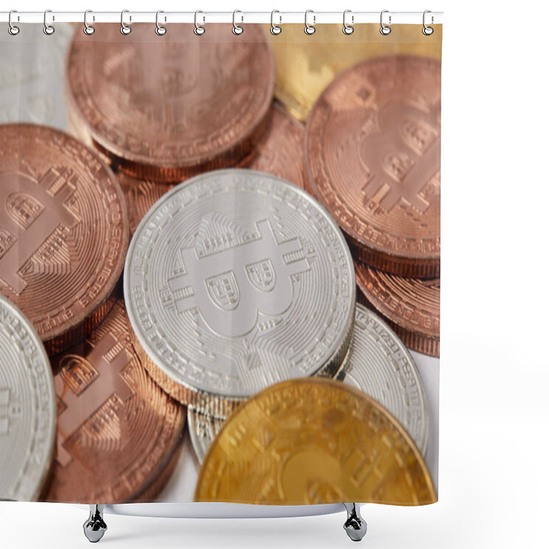 Personality  Close-up Shot Shot Of Various Bitcoins Spilled On White Surface Shower Curtains