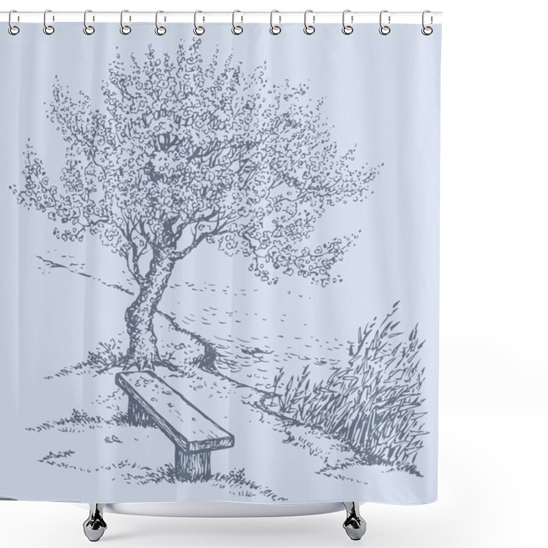 Personality  Vector Landscape. Old Bench By The River Under Tree Shower Curtains