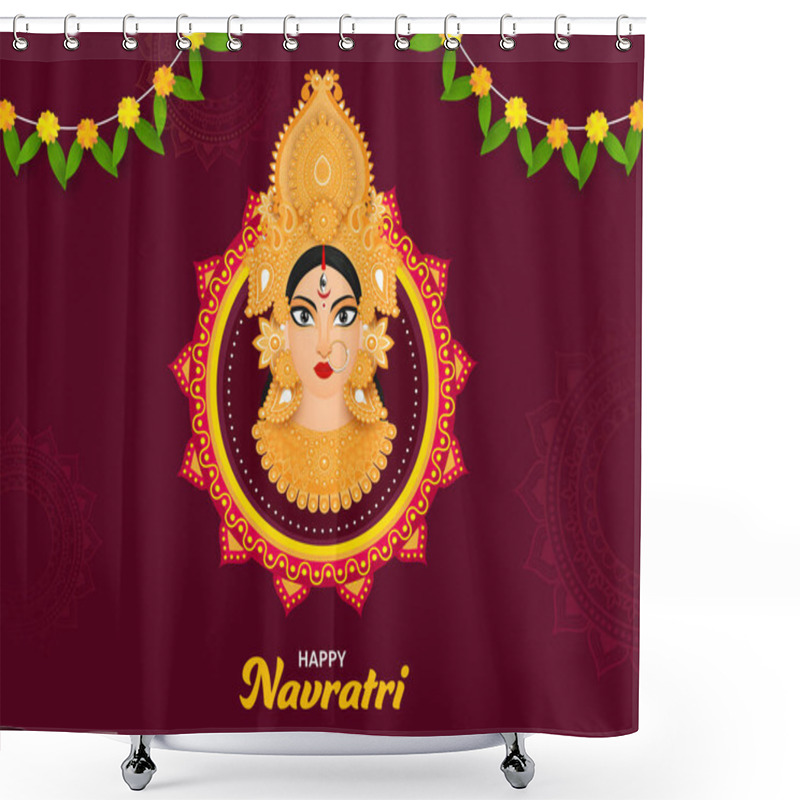 Personality  Happy Navratri Celebration Concept With Hindu Mythology Goddess Durga Maa Face And Floral Garland (Toran) On Claret Mandala Pattern Background. Shower Curtains