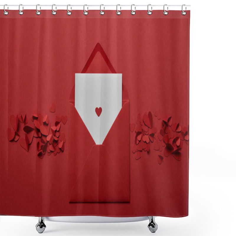 Personality  Top View Of White Letter In Envelope With Paper Cut Hearts On Red Background Shower Curtains