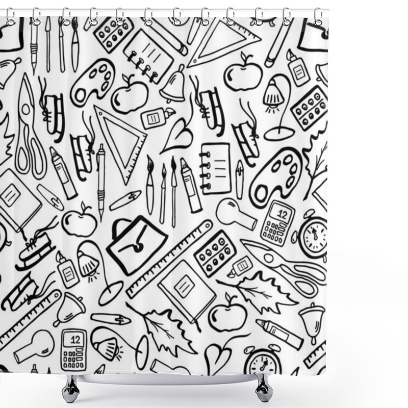 Personality  Back To School Seamless Pattern With Classroom Supplies. Hand Drawn Sketchy Doodles With Icons, Pictograms. Schoolbag, Ruler, Pen, Pencil, Bulb, Apple, Bell, Skates, Lamp, Scissors. Vector Illustration. Shower Curtains