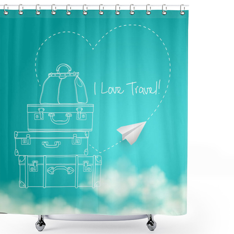 Personality  Illustration Of Flying Paper Plane Around Travel Suitcases On Sky Background Vector Shower Curtains