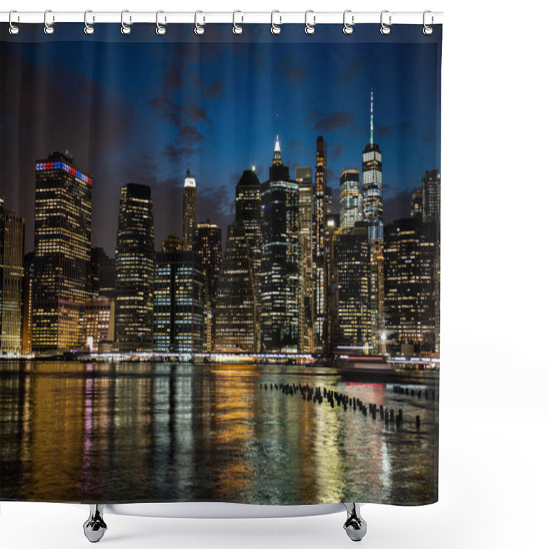 Personality  New York City, New York / USA - April 6 2020: View Of New York City And Brooklyn Bridge Skyline At Night, Nightly View Of The Dubmo And New York City Buildings Shower Curtains