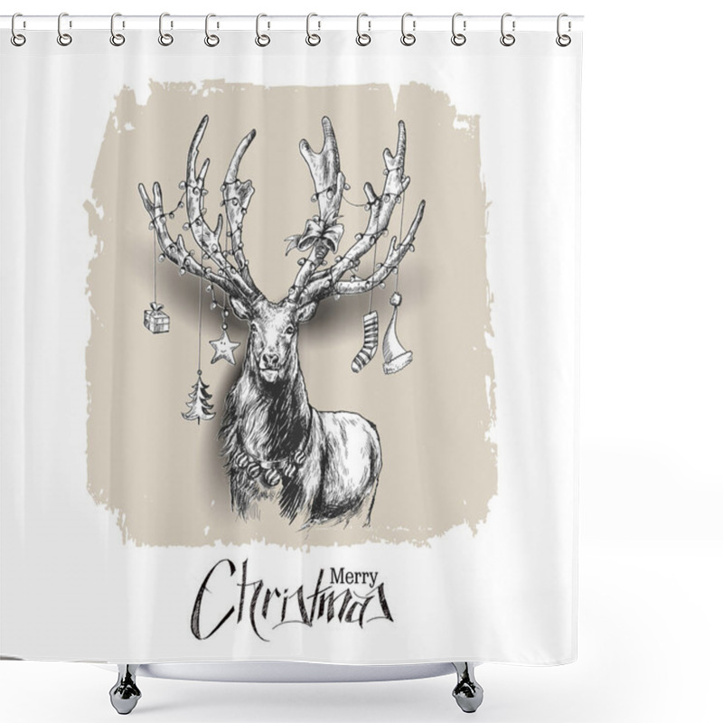 Personality  Happy Christmas - Cartoon Style Hand Sketchy Drawing Of Reindeer Shower Curtains