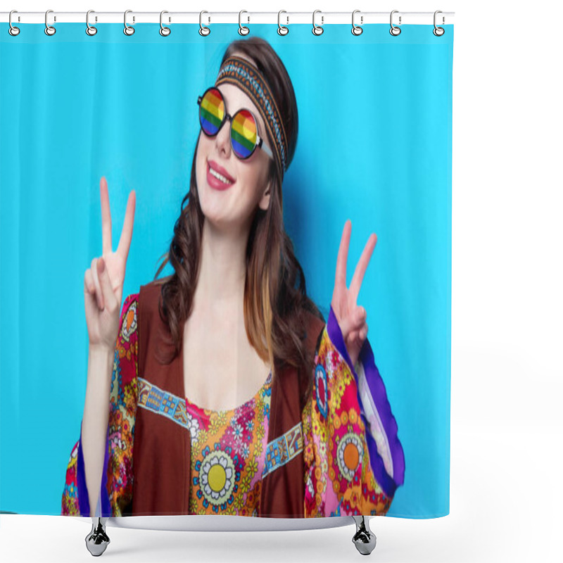 Personality  Portrait Of Young Hippie Girl With Rainbow Glasses Shower Curtains