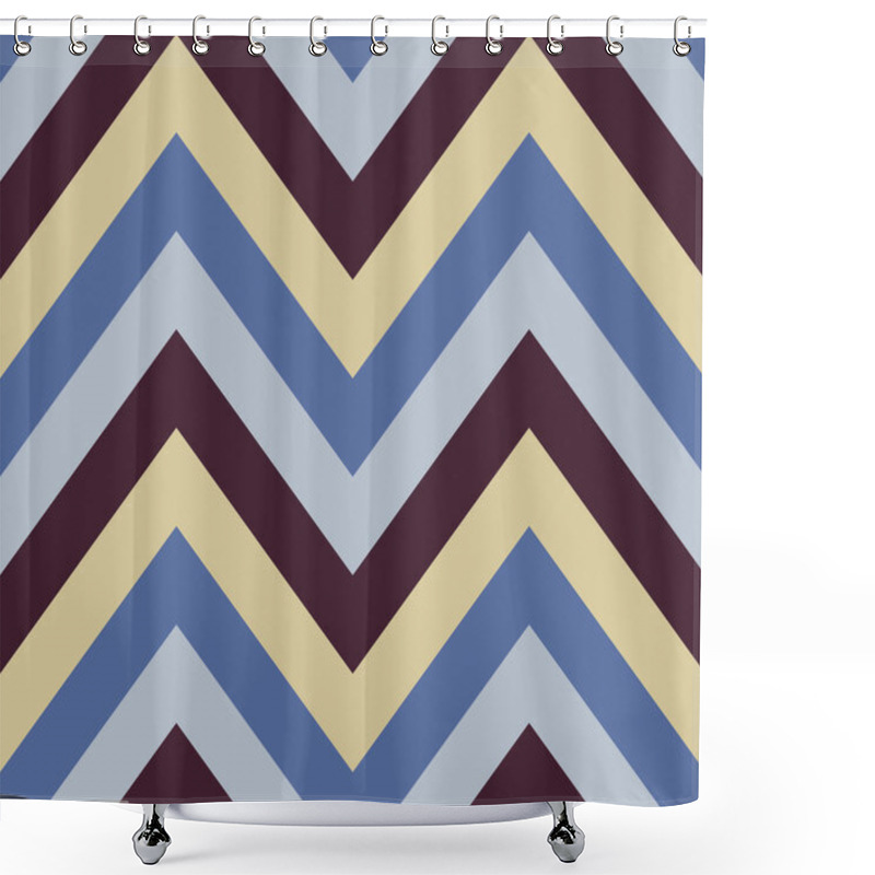 Personality  Seamless Geometric Strip Pattern. Stripy Texture. Zig-zag Line Background. Diagonal Strips. Contrast Blue, Brown, White Colors. Winter Theme. Vector Shower Curtains