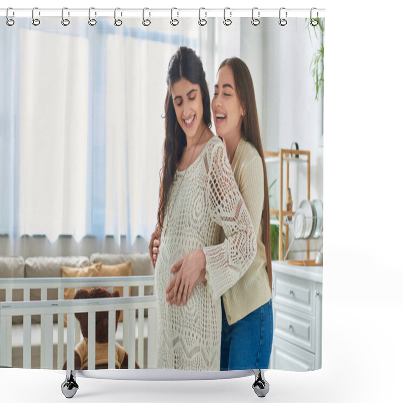 Personality  Happy Lesbian Couple Standing Next To Crib Hugging And Smiling With Closed Eyes, Ivf Concept Shower Curtains