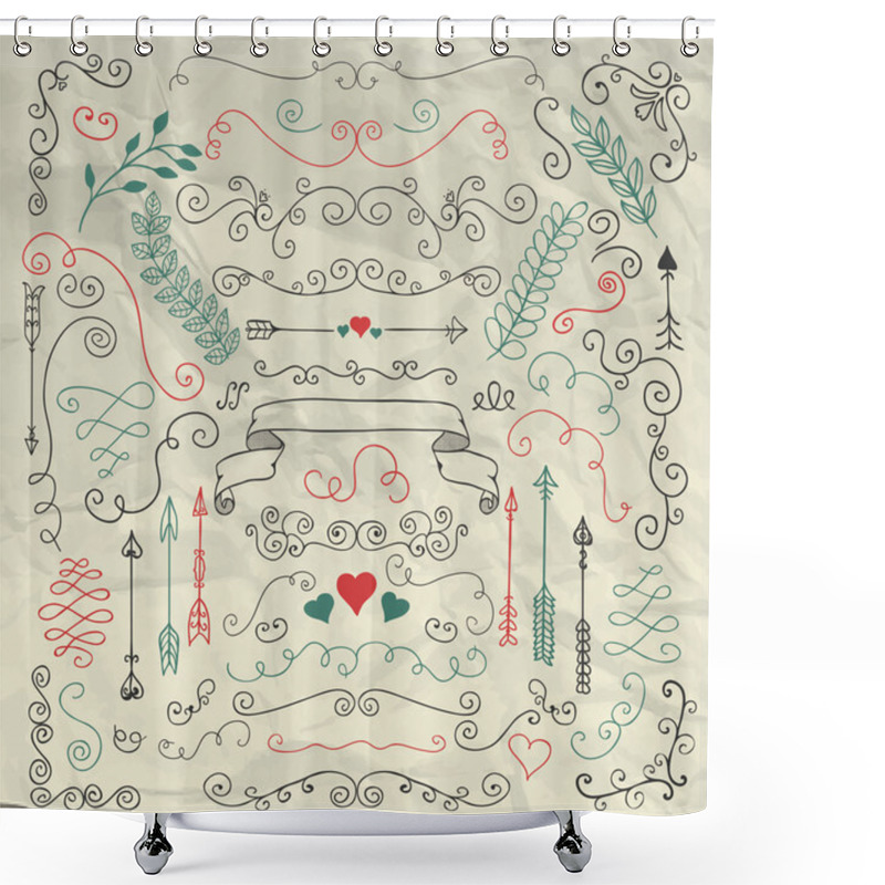 Personality  Sketched Rustic Floral Design Elements On Crumpled Paper Shower Curtains